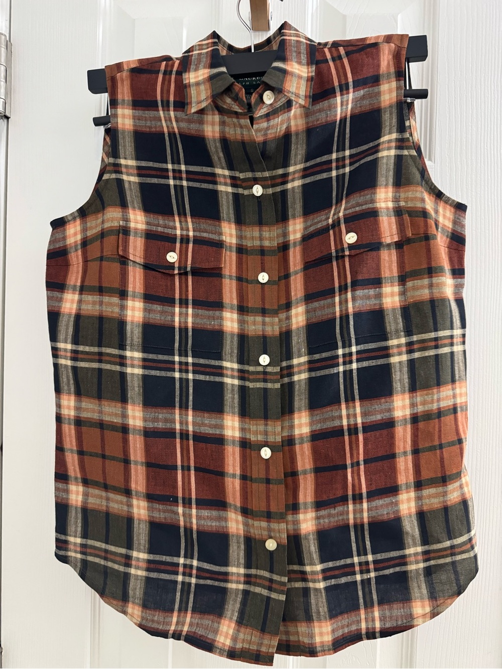 Ralph Lauren Plaid Sleeveless Button-Down in Rust, Navy & Cream
